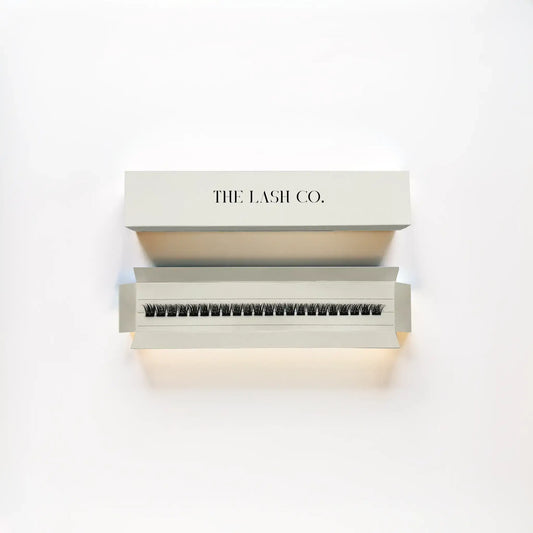 The Lash Co. box showcasing cluster lashes, ideal for natural and dramatic volume, perfect for effortless lash application.
